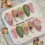 3-Minute Instant Manicure Press on Nails, 3D Botanical False Nails with Jelly Glue Kit, Easy to Apply & Remove